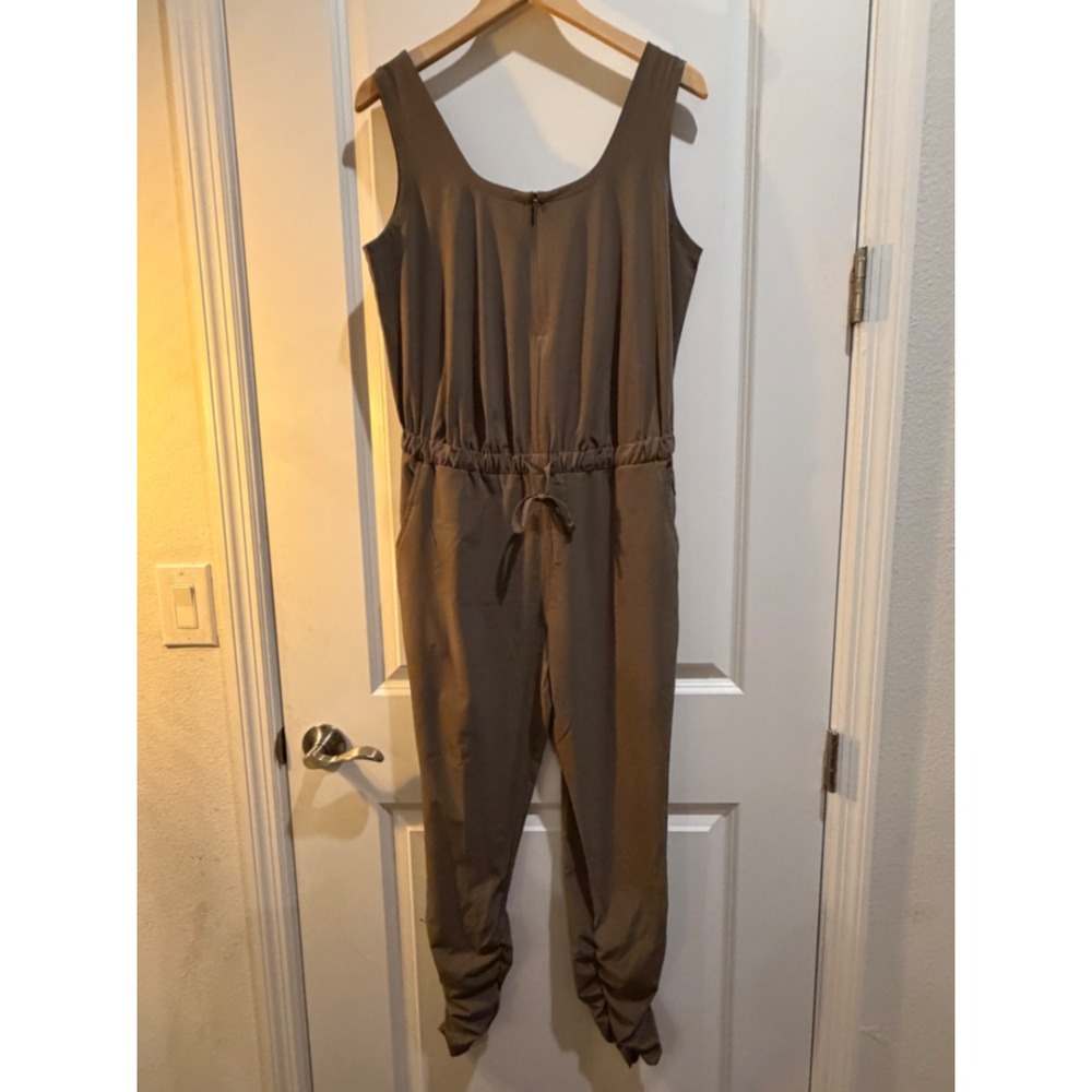 Prana Womens Sleeveless Ruched Leg Jumpsuit Olive Brown Drawstring Waist Size M